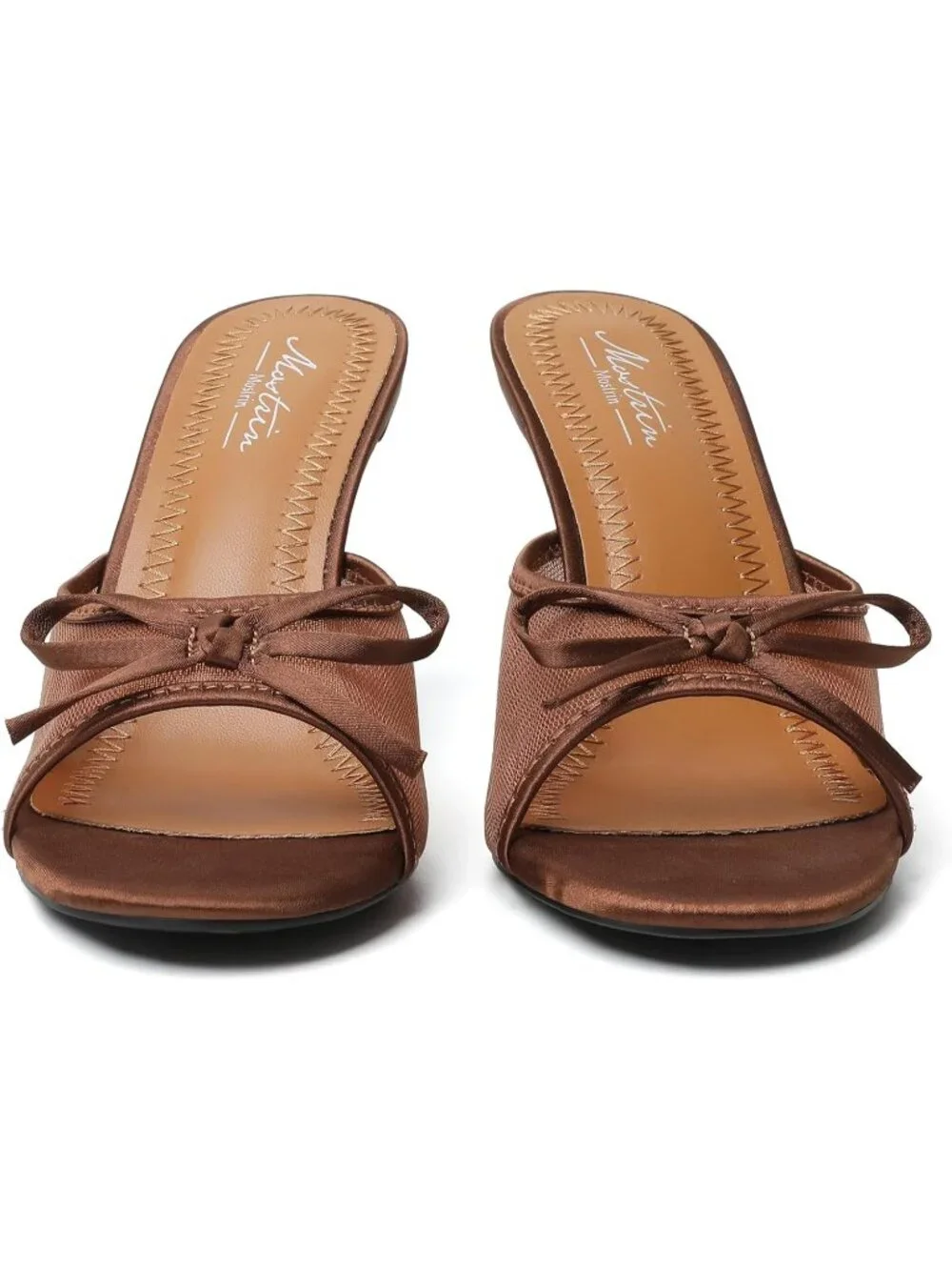 Women's Brown Kitten Heels Round Toe Heels With Bow Vintage Mules Stiletto Shoes - Picture 5 of 7